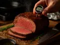 Un succulento arrosto di manzo, appena cotto, viene controllato con un termometro. La carne è rosata e invitante, con fette già pronte.