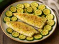 Branzino in friggitrice ad aria, dorato e croccante, servito con zucchine a rondelle. Un piatto leggero e gustoso.