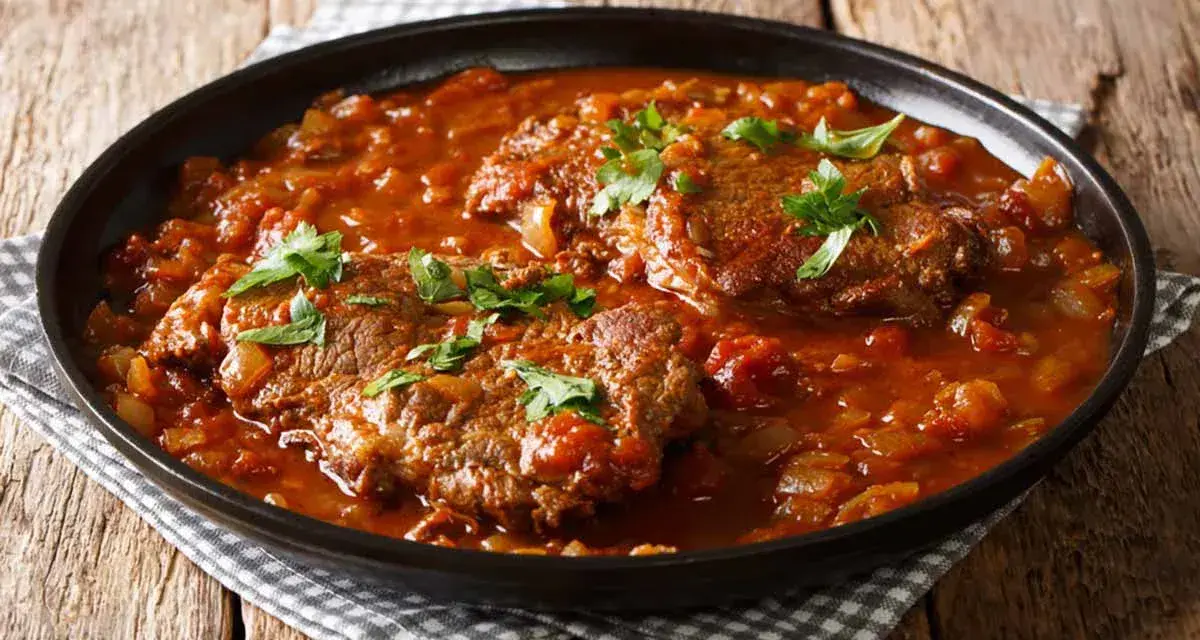 Due fette di carne alla pizzaiola, cotte lentamente in un sugo ricco di pomodoro e cipolle, guarnite con prezzemolo fresco.