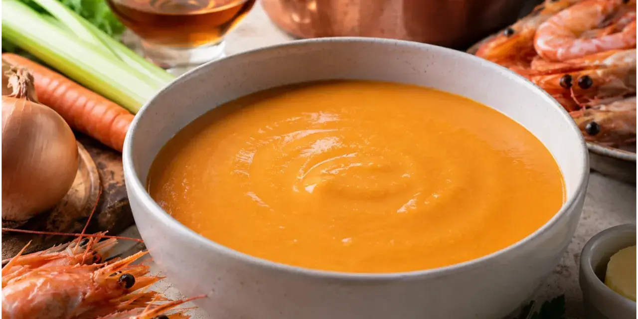 Una ciotola di cremosa bisque di gamberi, con gamberi freschi, carote, sedano e cipolla sullo sfondo.