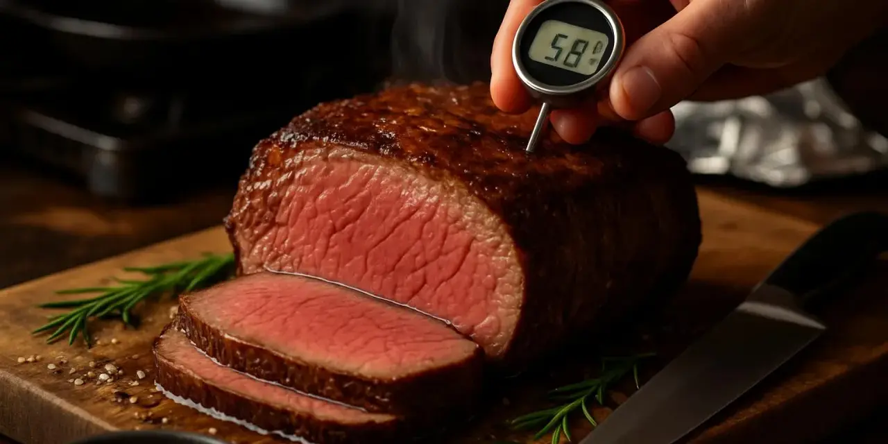Un succulento arrosto di manzo, appena cotto, viene controllato con un termometro. La carne è rosata e invitante, con fette già pronte.
