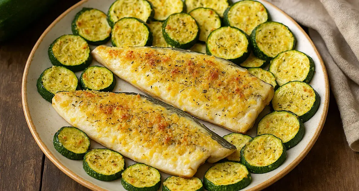 Branzino in friggitrice ad aria, dorato e croccante, servito con zucchine a rondelle. Un piatto leggero e gustoso.