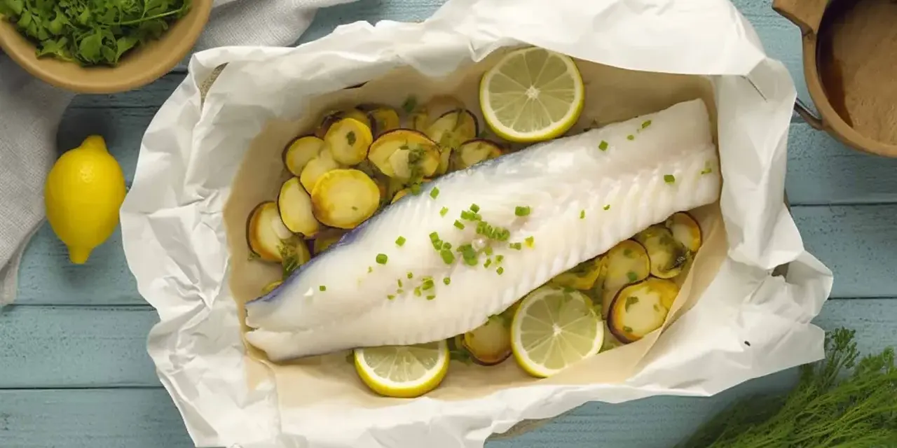 Ombrina al forno con patate e limone, guarnita con erba cipollina fresca. Un piatto leggero e saporito.