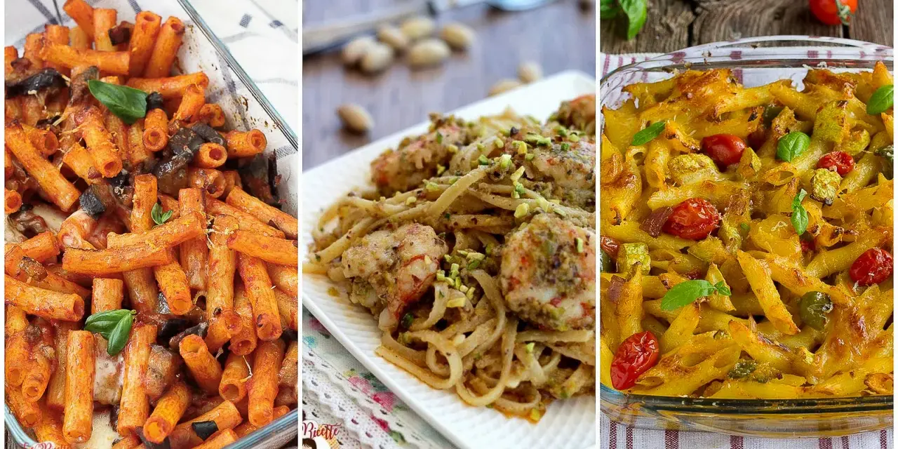 Tre deliziosi primi piatti per Ferragosto: pasta al forno con melanzane, spaghetti con gamberi e pistacchi, e penne con verdure gratinate.