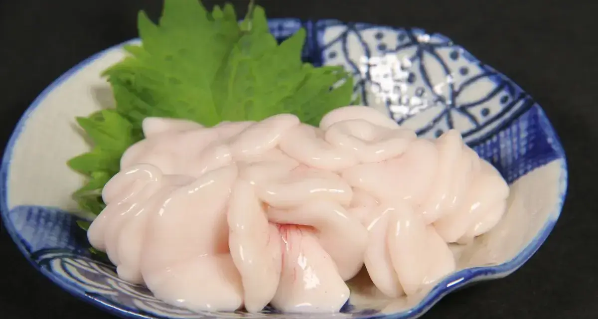 Piatto di lattume di tonno, delicato e rosato, guarnito con una foglia verde su un piatto decorato.