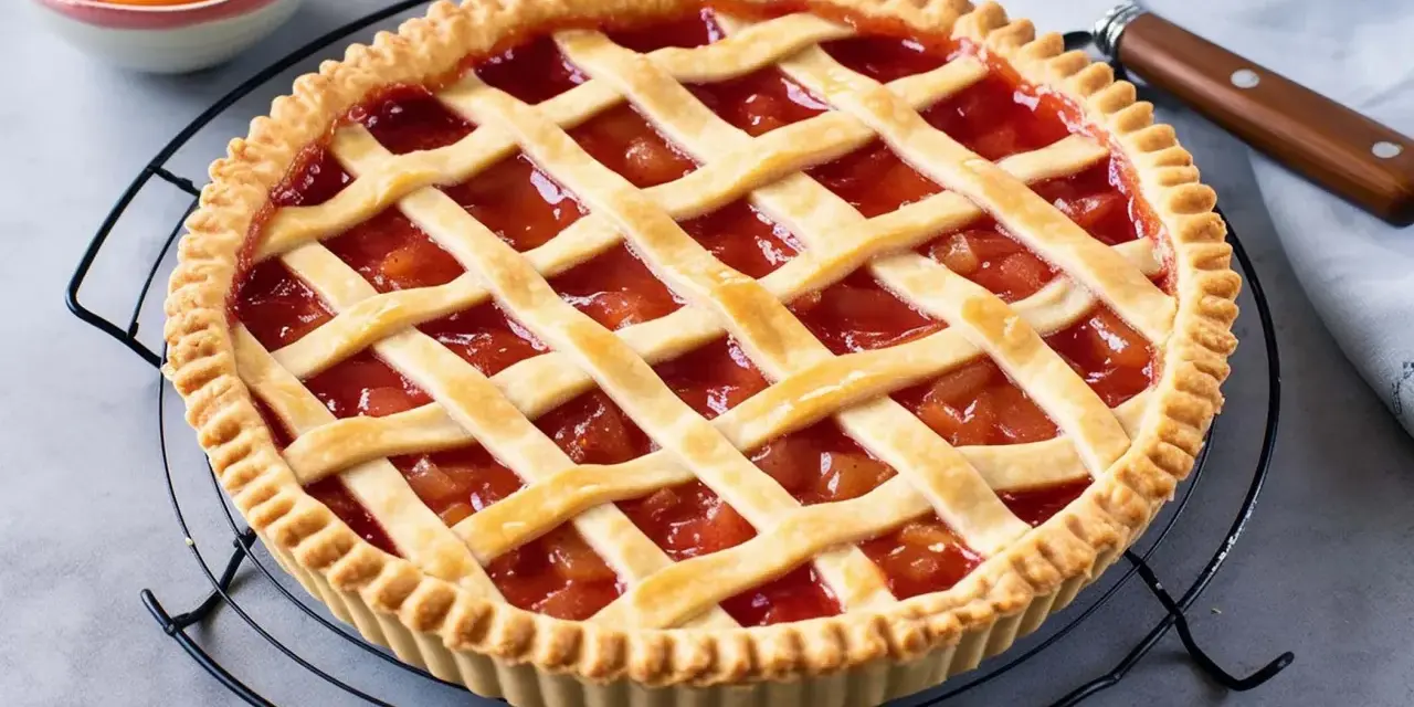 Crostata con pasta frolla per crostata di frutta, ripiena di marmellata di fragole e decorata con strisce di frolla.