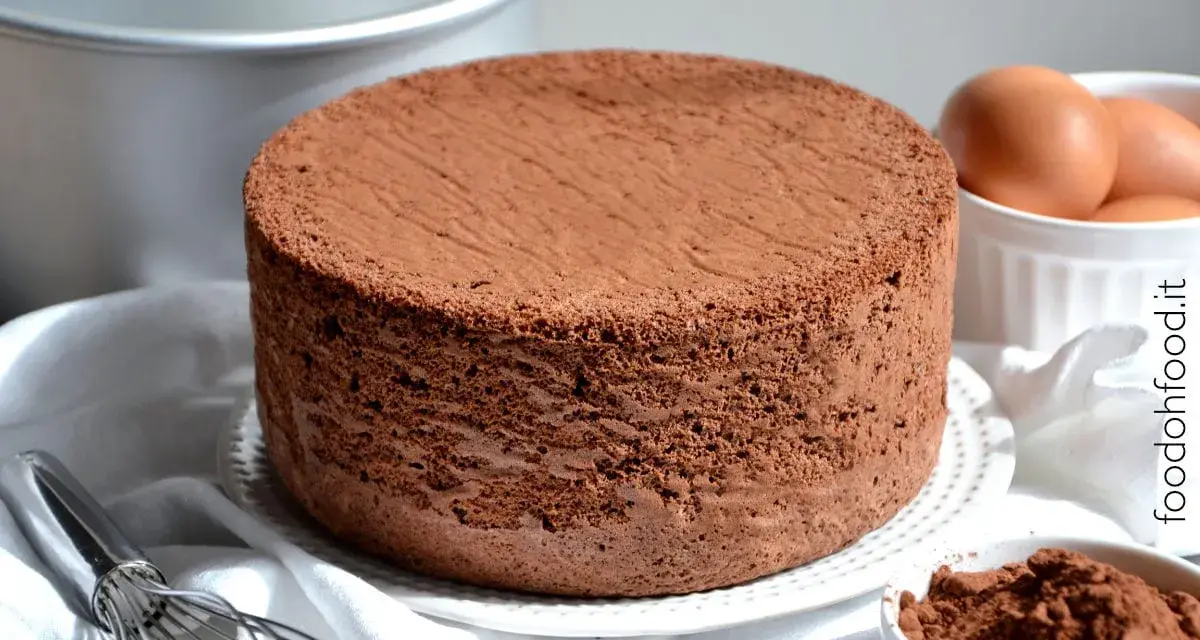 Un soffice pan di spagna al cacao, pronto per essere farcito. Accanto, uova fresche e cacao in polvere.