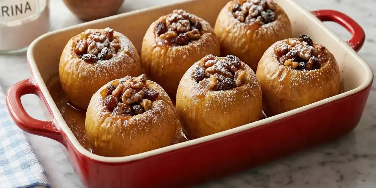 Sei mele cotte al forno, ripiene di noci e uvetta, cosparse di zucchero a velo, in una teglia rossa.