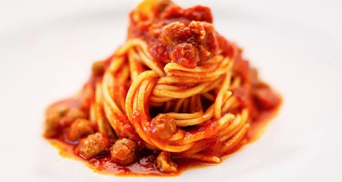 Un piatto di spaghetti alla teramana, conditi con un ricco sugo di pomodoro e polpettine, serviti su un piatto bianco.
