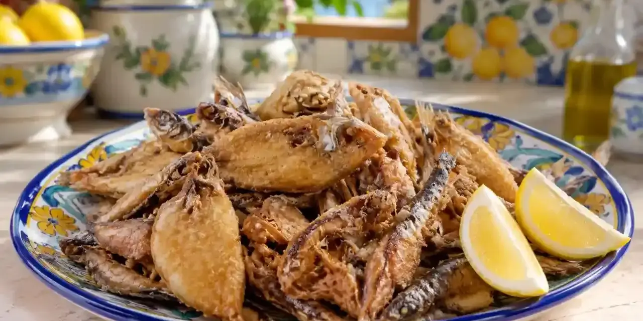 Un piatto colmo di frittura di paranza, dorata e croccante, guarnito con spicchi di limone. Un assaggio di mare in tavola.