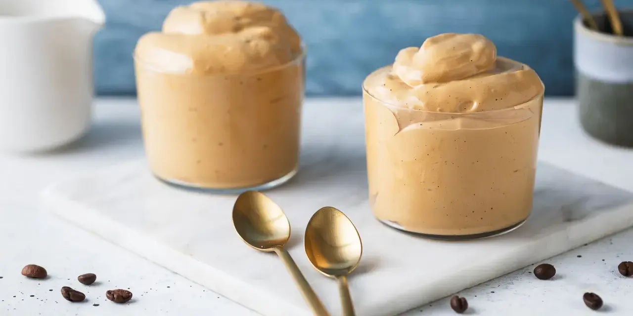Crema di caffè come al bar con solo 3 ingredienti, servita in bicchieri con cucchiaini dorati.