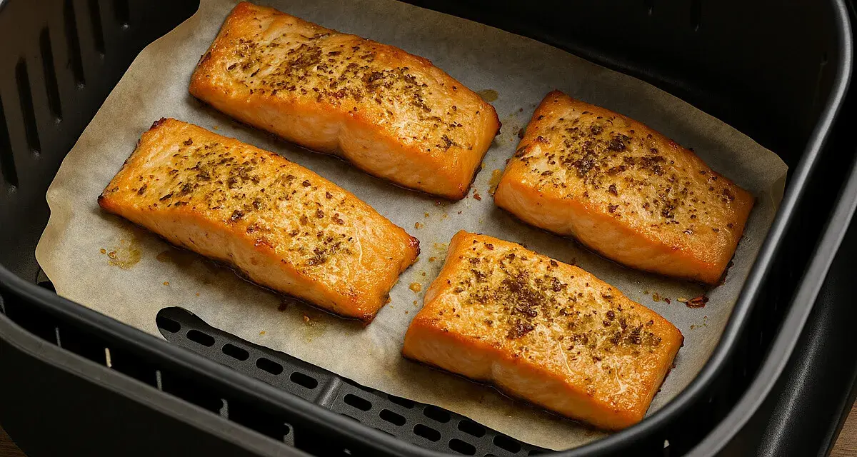 Quattro filetti di salmone in friggitrice ad aria, dorati e conditi con erbe aromatiche, pronti per essere gustati.