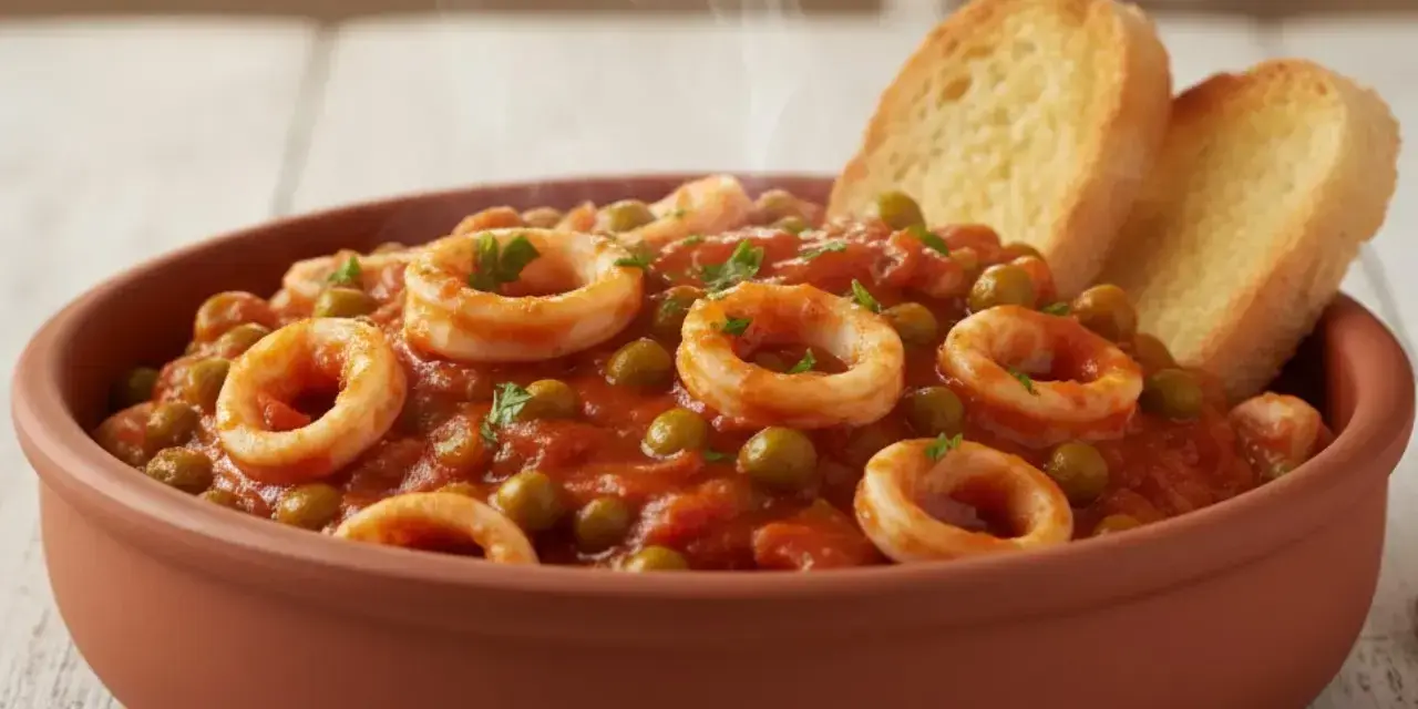 Un gustoso piatto di seppie con piselli in umido, servito in una ciotola di terracotta con crostini di pane.
