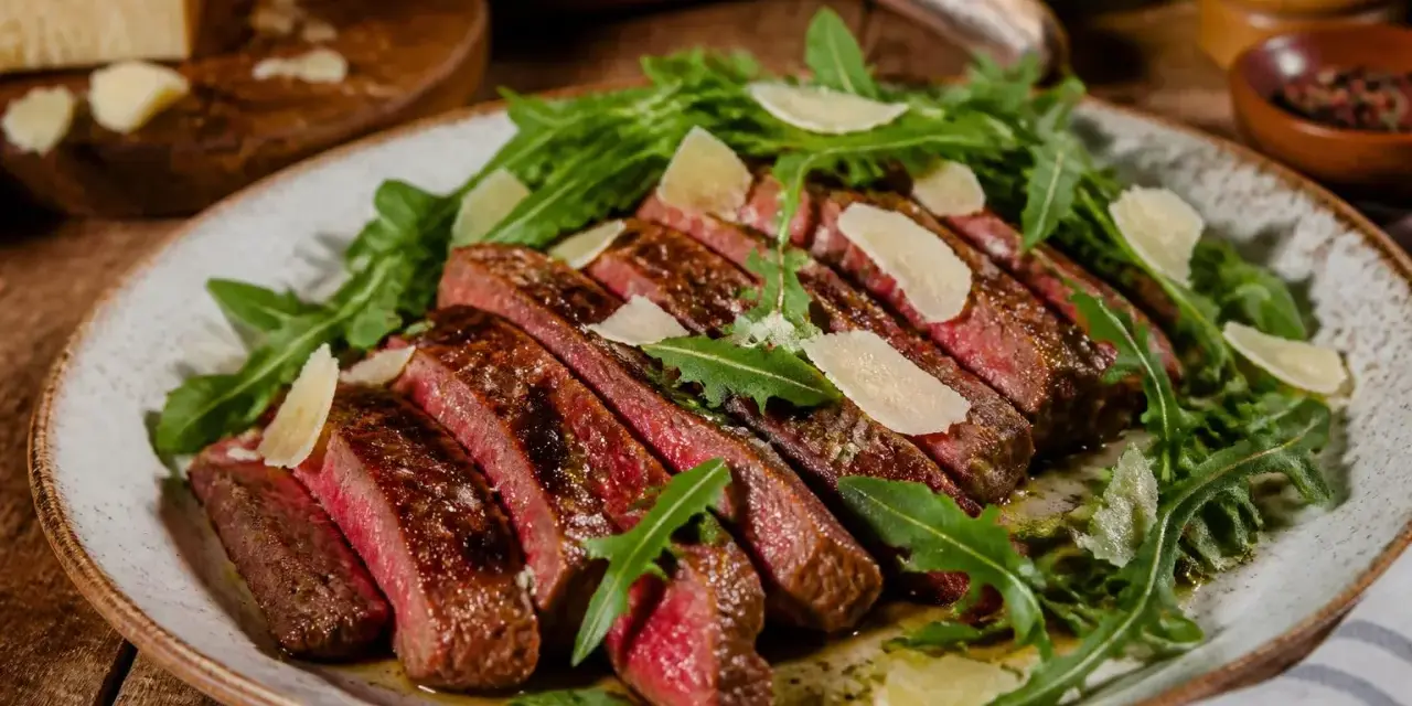 Tagliata di manzo succulenta, affettata e servita su un letto di rucola fresca, guarnita con scaglie di parmigiano.