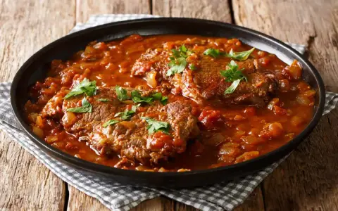 Due fette di carne alla pizzaiola, cotte lentamente in un sugo ricco di pomodoro e cipolle, guarnite con prezzemolo fresco.