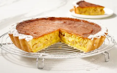 Una fetta di torta di mele con crema pasticcera, cosparsa di zucchero a velo, su una griglia.