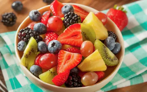 Una colorata macedonia di frutta con fragole, mirtilli, kiwi, ananas e uva, servita in una ciotola su una tovaglia a quadretti verdi.