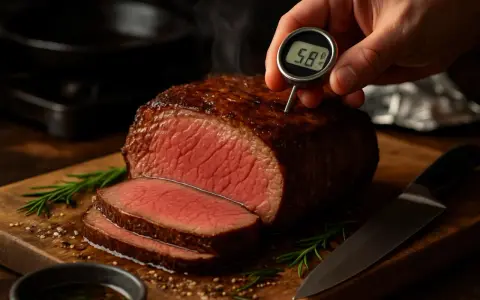 Un succulento arrosto di manzo, appena cotto, viene controllato con un termometro. La carne è rosata e invitante, con fette già pronte.
