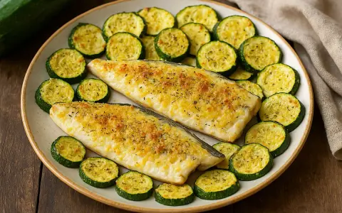 Branzino in friggitrice ad aria, dorato e croccante, servito con zucchine a rondelle. Un piatto leggero e gustoso.