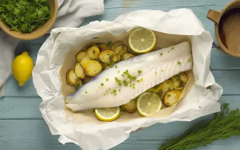 Ombrina al forno con patate e limone, guarnita con erba cipollina fresca. Un piatto leggero e saporito.