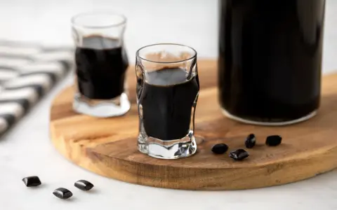 Due bicchierini e una bottiglia di liquore alla liquirizia scuro, con caramelle di liquirizia sparse su un tagliere di legno.