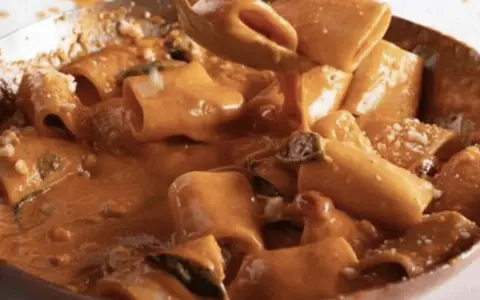 Un primo piatto cremoso e invitante: paccheri alla Vittorio, conditi con una ricca salsa arancione e guarniti con parmigiano.