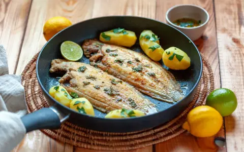 Sogliola alla mugnaia dorata in padella con patate novelle e limone, un piatto semplice e gustoso.