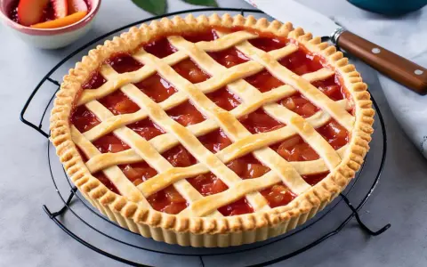 Crostata con pasta frolla per crostata di frutta, ripiena di marmellata di fragole e decorata con strisce di frolla.
