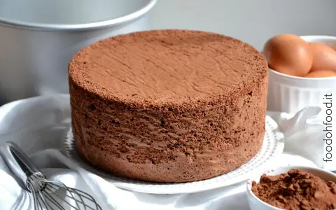Un soffice pan di spagna al cacao, pronto per essere farcito. Accanto, uova fresche e cacao in polvere.