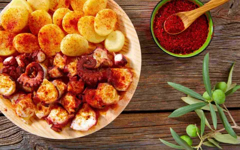 Piatto di polpo alla gallega con patate, paprika e rametto di ulivo.