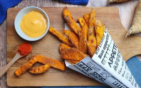Patate dolci al forno croccanti, servite in un cono di carta con una salsa cremosa e paprika.