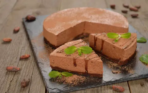Deliziosa bavarese al cioccolato, cosparsa di cacao e decorata con menta fresca. Due fette sono già state servite.