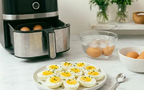 Uova sode in friggitrice ad aria pronte per essere gustate. Un modo semplice e veloce per preparare un piatto sano.