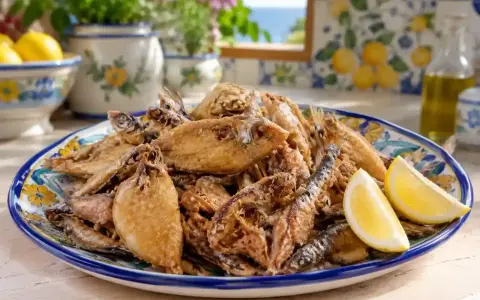 Un piatto colmo di frittura di paranza, dorata e croccante, guarnito con spicchi di limone. Un assaggio di mare in tavola.