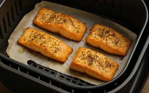 Quattro filetti di salmone in friggitrice ad aria, dorati e conditi con erbe aromatiche, pronti per essere gustati.