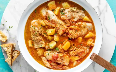 Un saporito merluzzo in umido con patate e pomodoro, guarnito con prezzemolo fresco e accompagnato da pane tostato.