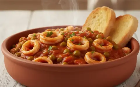 Un gustoso piatto di seppie con piselli in umido, servito in una ciotola di terracotta con crostini di pane.