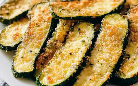 Fette di zucchine al forno, dorate e croccanti, con pangrattato e parmigiano. Un contorno saporito e leggero.