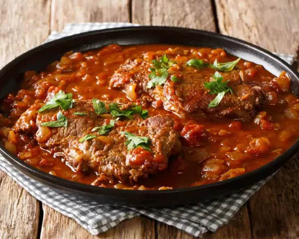 Due fette di carne alla pizzaiola, cotte lentamente in un sugo ricco di pomodoro e cipolle, guarnite con prezzemolo fresco.