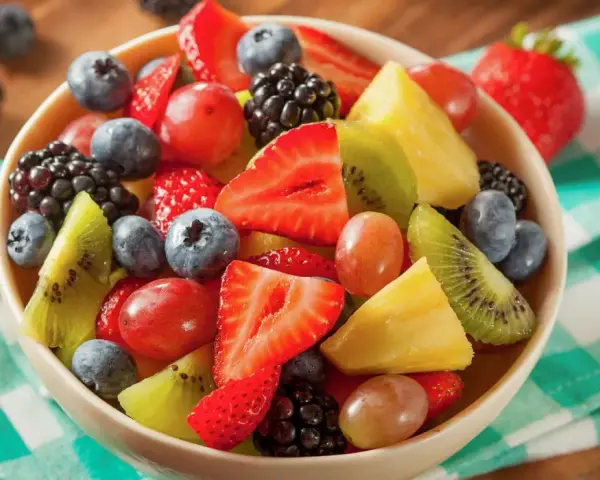 Una colorata macedonia di frutta con fragole, mirtilli, kiwi, ananas e uva, servita in una ciotola su una tovaglia a quadretti verdi.