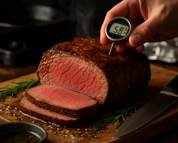 Un succulento arrosto di manzo, appena cotto, viene controllato con un termometro. La carne è rosata e invitante, con fette già pronte.