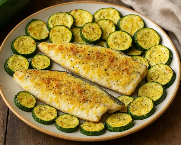Branzino in friggitrice ad aria, dorato e croccante, servito con zucchine a rondelle. Un piatto leggero e gustoso.