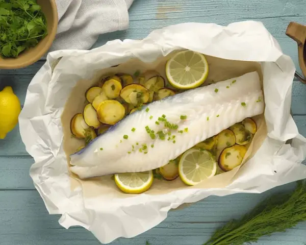 Ombrina al forno con patate e limone, guarnita con erba cipollina fresca. Un piatto leggero e saporito.