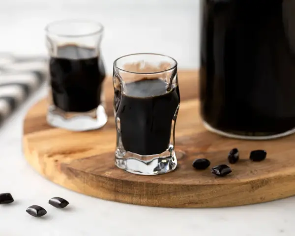 Due bicchierini e una bottiglia di liquore alla liquirizia scuro, con caramelle di liquirizia sparse su un tagliere di legno.