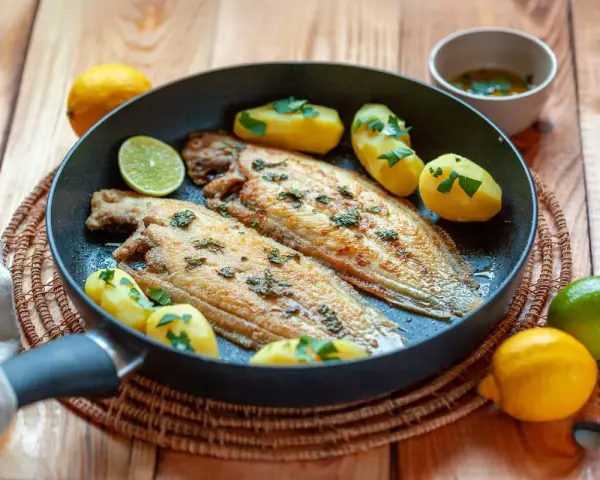 Sogliola alla mugnaia dorata in padella con patate novelle e limone, un piatto semplice e gustoso.