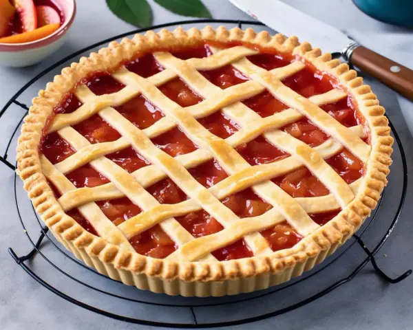 Crostata con pasta frolla per crostata di frutta, ripiena di marmellata di fragole e decorata con strisce di frolla.