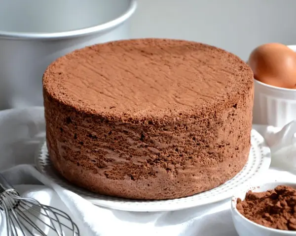 Un soffice pan di spagna al cacao, pronto per essere farcito. Accanto, uova fresche e cacao in polvere.