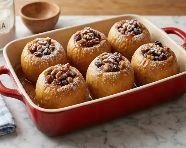 Sei mele cotte al forno, ripiene di noci e uvetta, cosparse di zucchero a velo, in una teglia rossa.