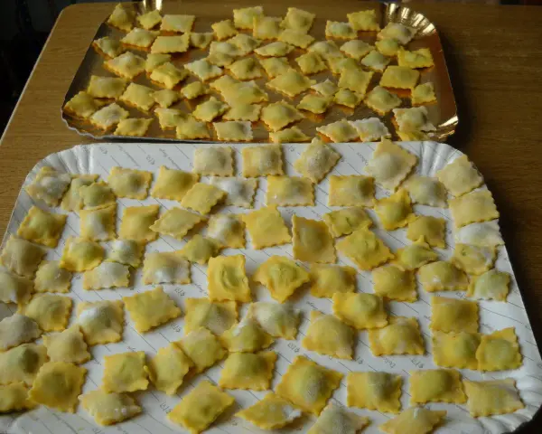 Tanti ravioli ricotta e spinaci fatti in casa, pronti per essere cucinati.