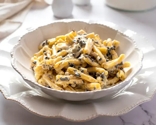 Un piatto di pasta alla cenere cremosa, con pezzetti scuri di olive, servita in una ciotola bianca decorata.